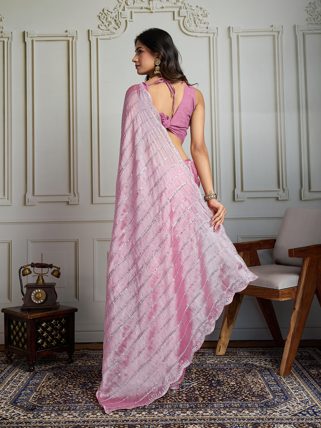 Women's Pink Chiffon Silk Designer Saree with Sequins Work