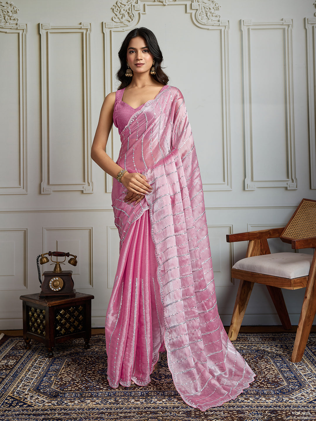 Pink Chiffon Silk designer saree with 3MM sequins work and matching blouse fabric.