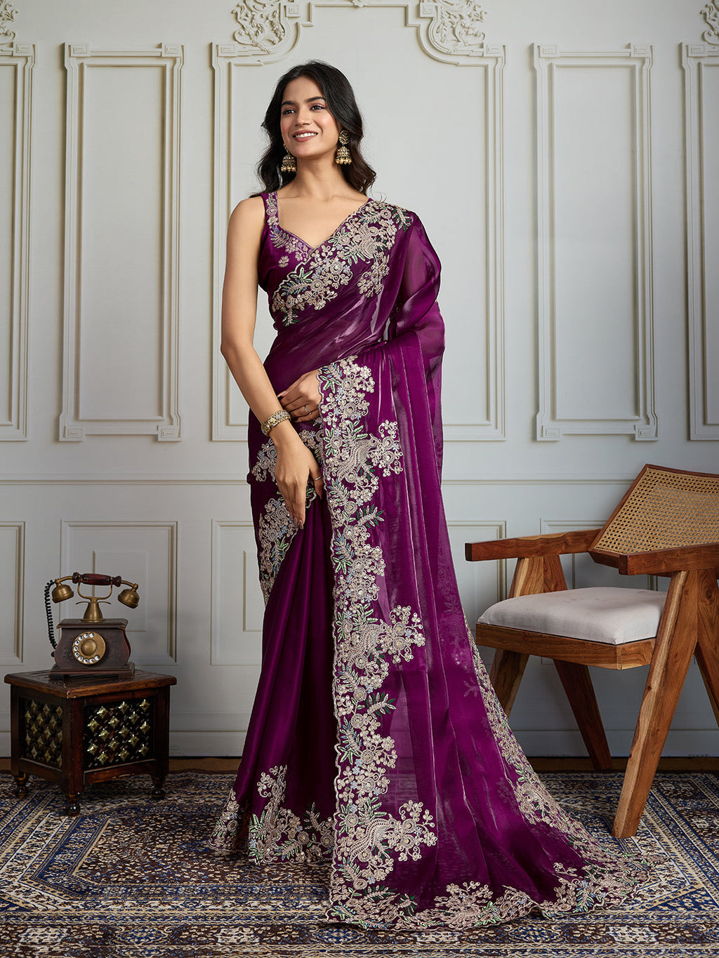 Jyoti Fashion Women's Wine Jimmy Choo Silk Embroidered Designer Saree with Blouse