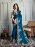 Teal Jimmy Choo Silk saree with detailed coding sequins embroidery for party wear