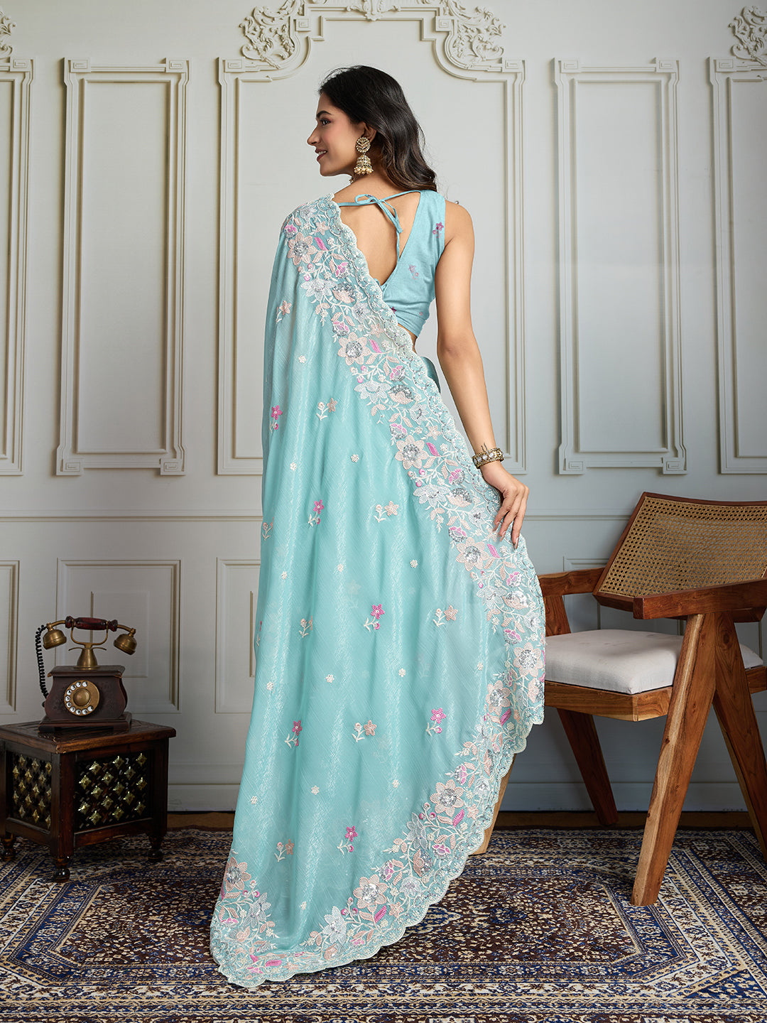 Jyoti Fashion Women's Sky Blue Semi Georgette Embroidered Designer Saree with Blouse
