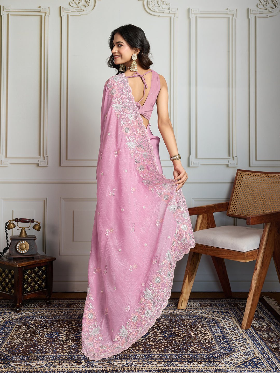 Jyoti Fashion Women's Pink Semi Georgette Embroidered Designer Saree with Blouse