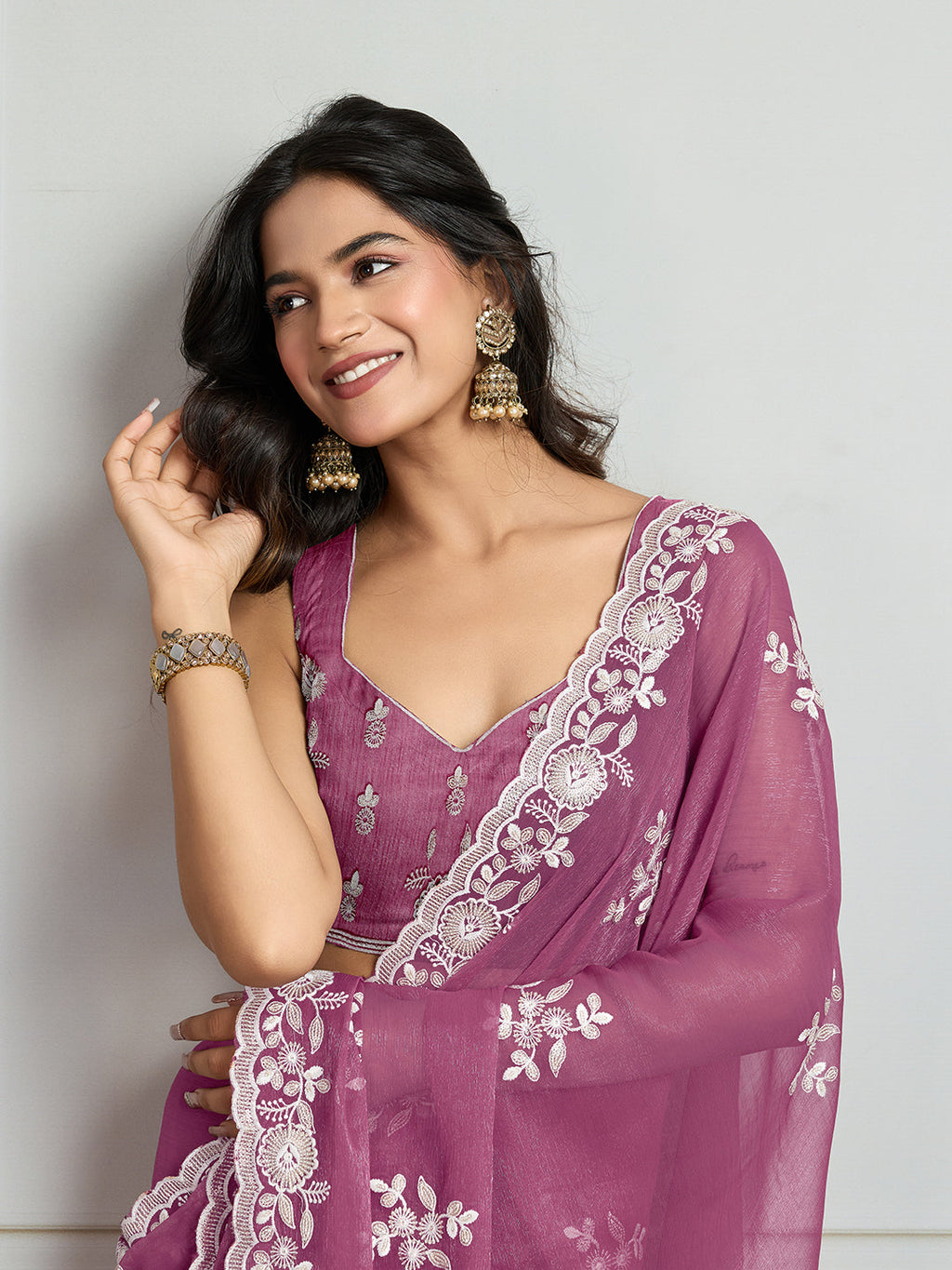 Jyoti Fashion Women's Onion Semi Georgette Embroidered Designer Saree with Blouse