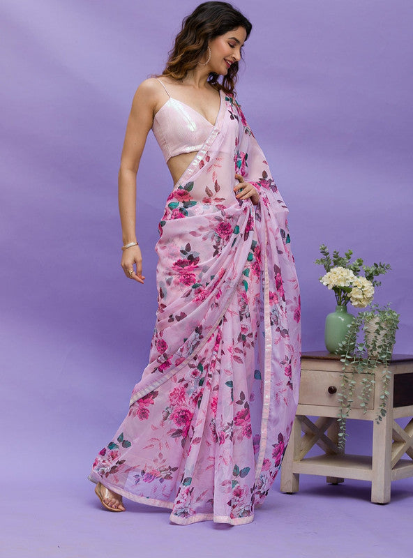 Pink Digital Print Chinon Saree with Sequence Lace Work