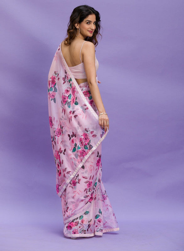 Pink Digital Print Chinon Saree with Sequence Lace Work