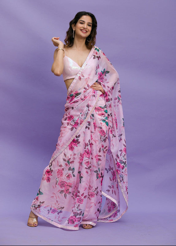Pink chinon saree with vibrant digital print and delicate sequence lace border