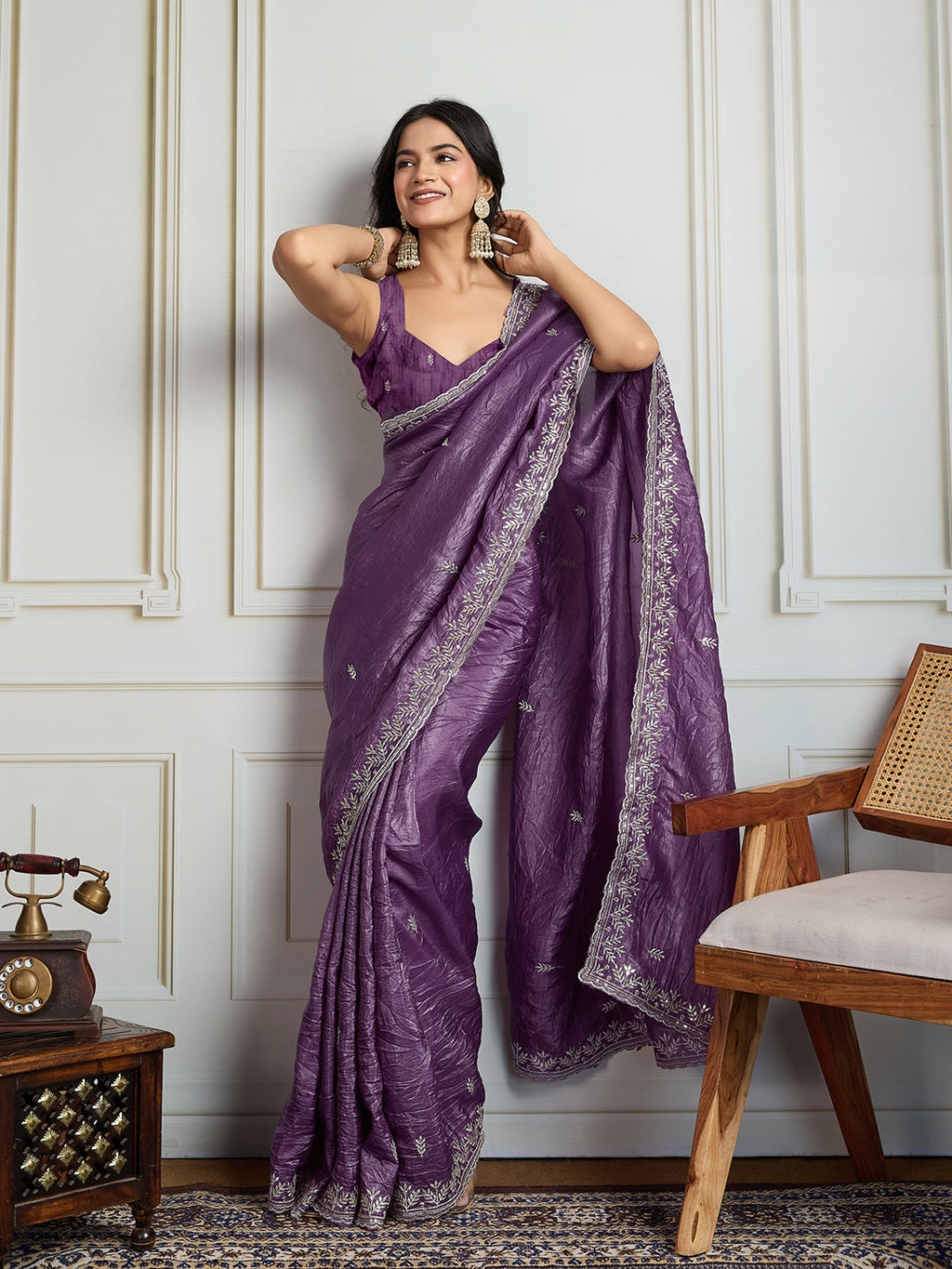 Purple Gold Crush Embroidered Saree with Sequins Detail