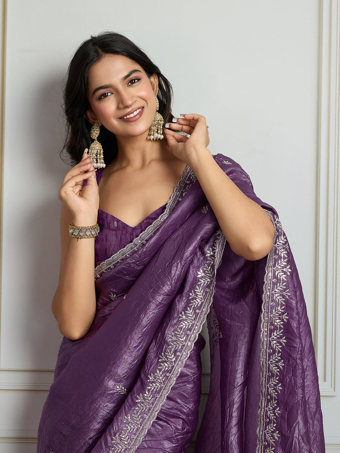 Purple Gold Crush Embroidered Saree with Sequins Detail