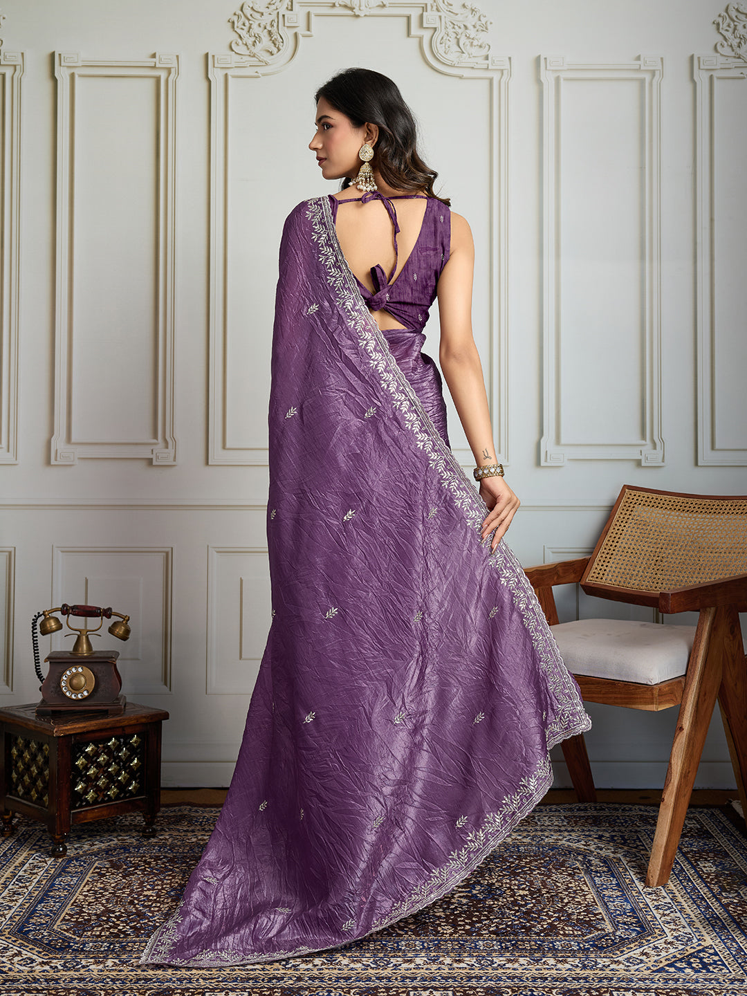 Purple Gold Crush Embroidered Saree with Sequins Detail