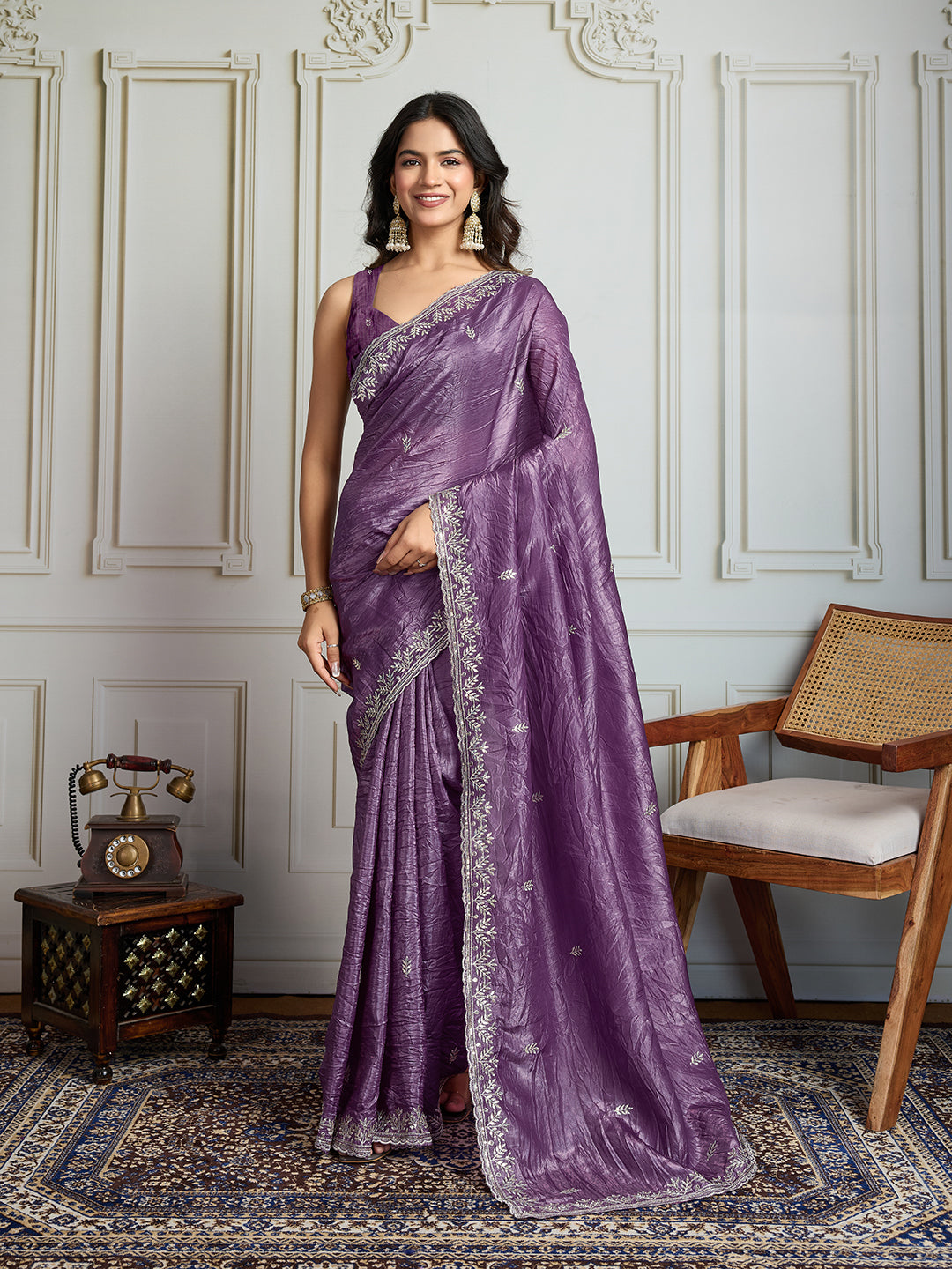 Purple gold crush saree with sequins thread embroidery and silk blouse