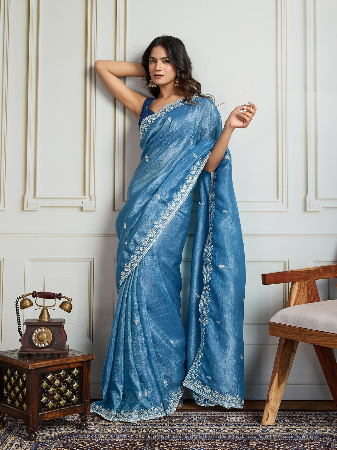 Rama Blue Gold Crush Embroidered Saree with Matching Blouse