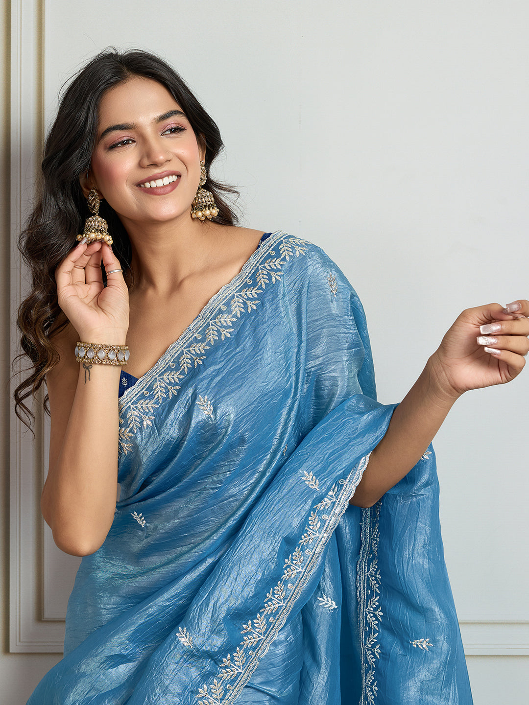 Rama Blue Gold Crush Embroidered Saree with Matching Blouse