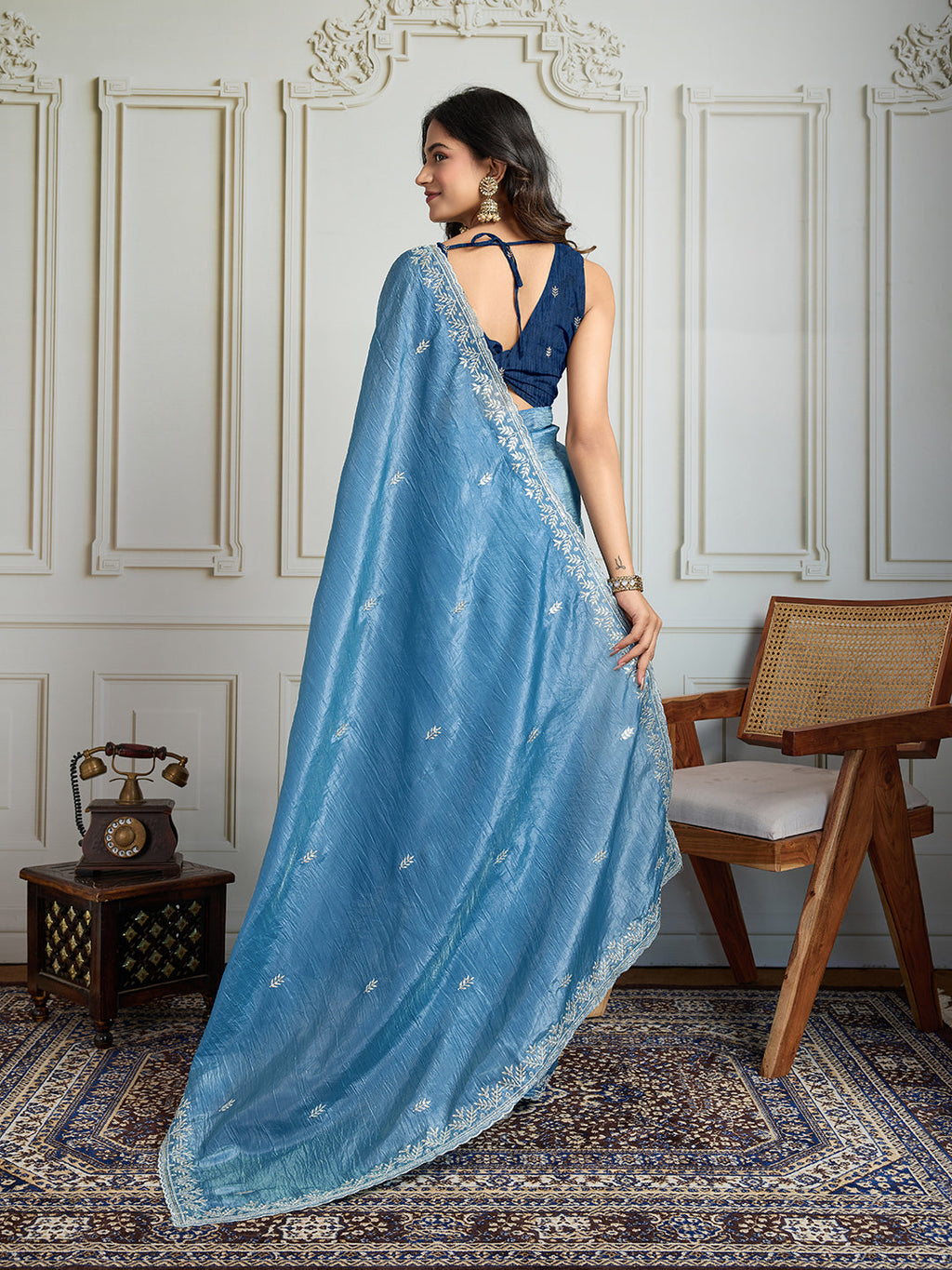 Rama Blue Gold Crush Embroidered Saree with Matching Blouse