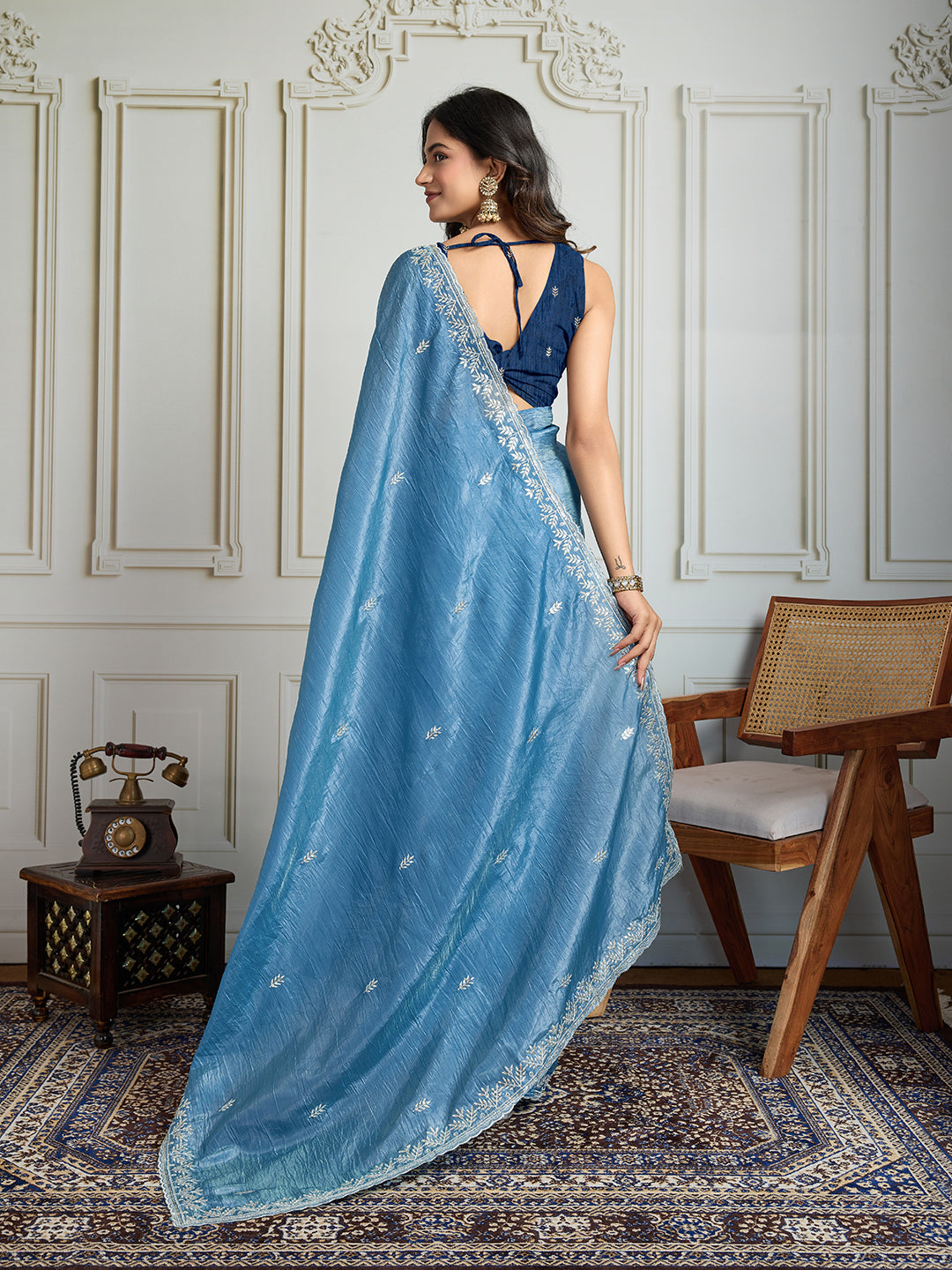 Rama Blue Gold Crush Embroidered Saree with Matching Blouse
