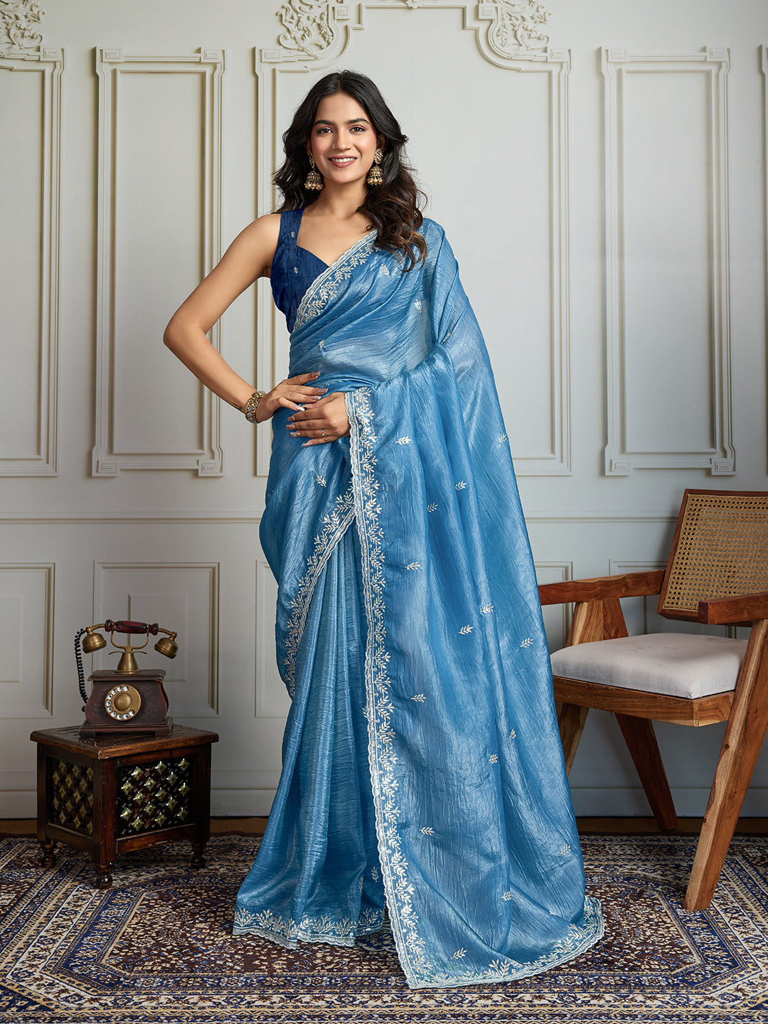 Rama Blue Gold Crush designer saree with sequins and thread embroidery
