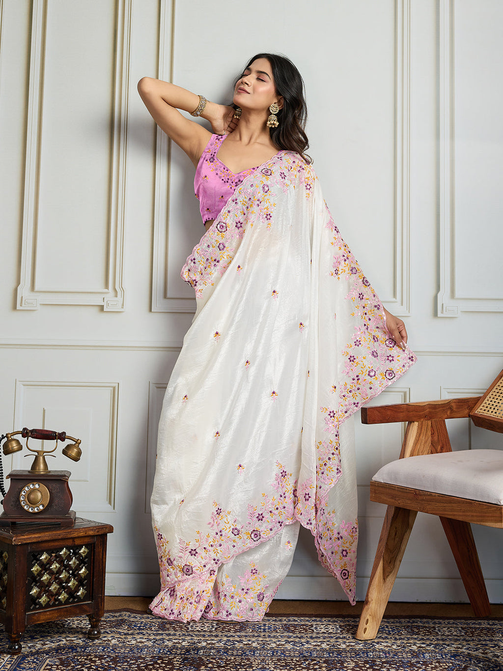 White Gold Crush Embroidered Saree with Sequins and Silk Blouse