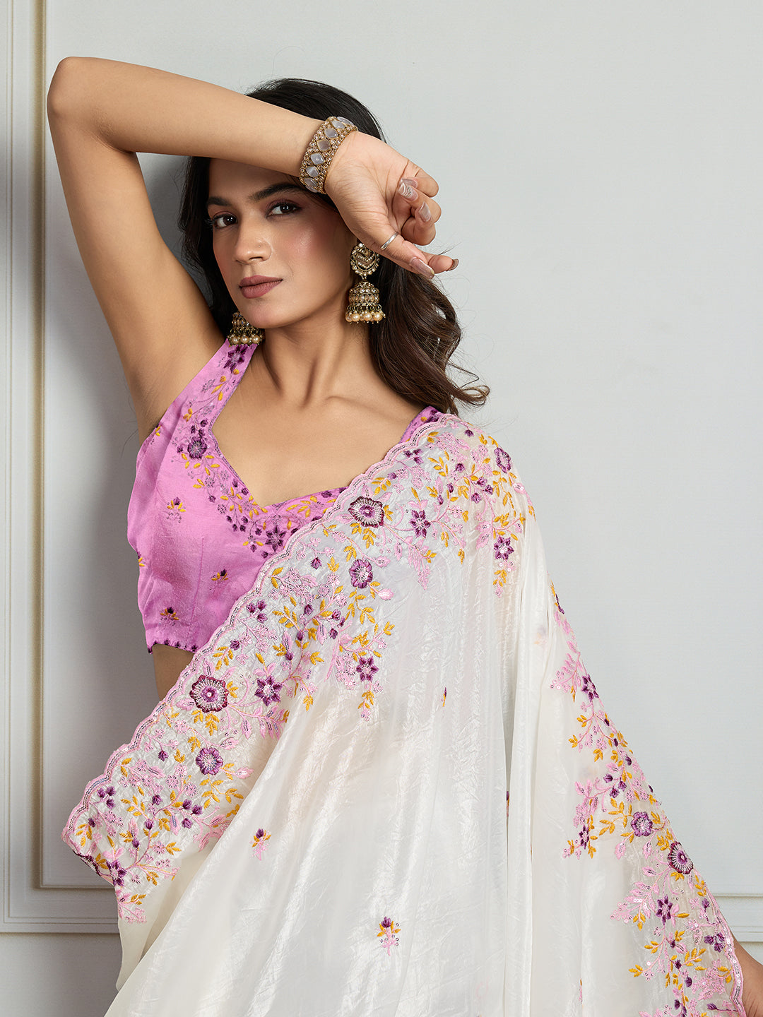 White Gold Crush Embroidered Saree with Sequins and Silk Blouse