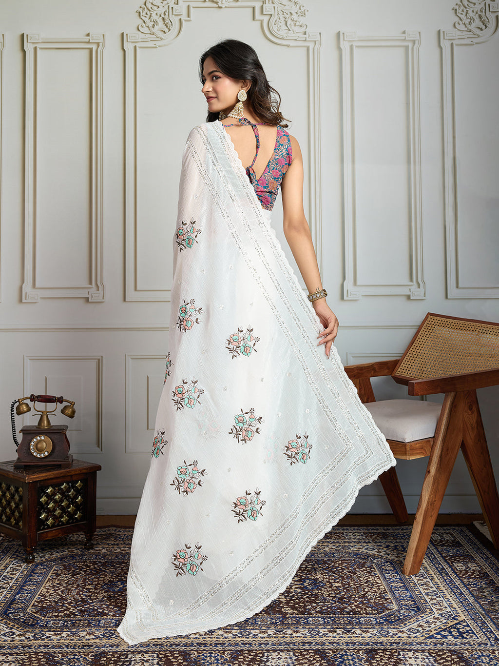 Jyoti Fashion Women's White Crush Organza Sequins Designer Saree with Blouse