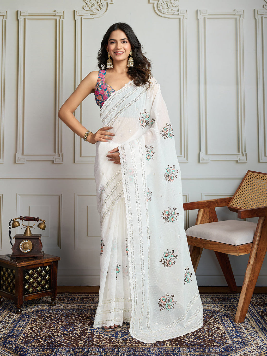 Jyoti Fashion Women's White Crush Organza Sequins Designer Saree with Blouse