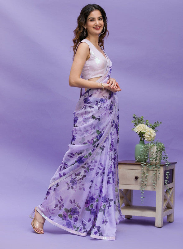 Purple Digital Print Chinon Saree with Sequence Lace Work