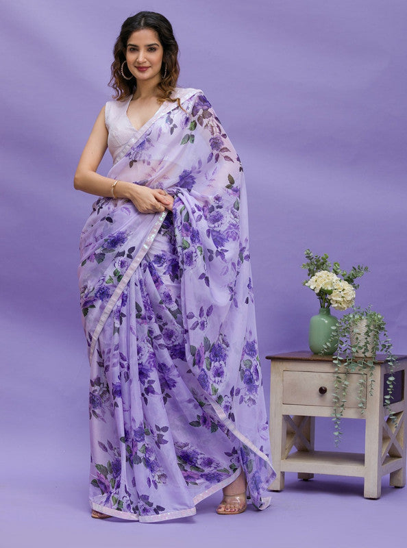 Purple Digital Print Chinon Saree with Sequence Lace Work