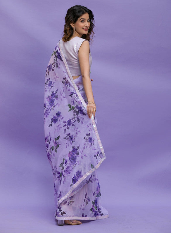 Purple Digital Print Chinon Saree with Sequence Lace Work