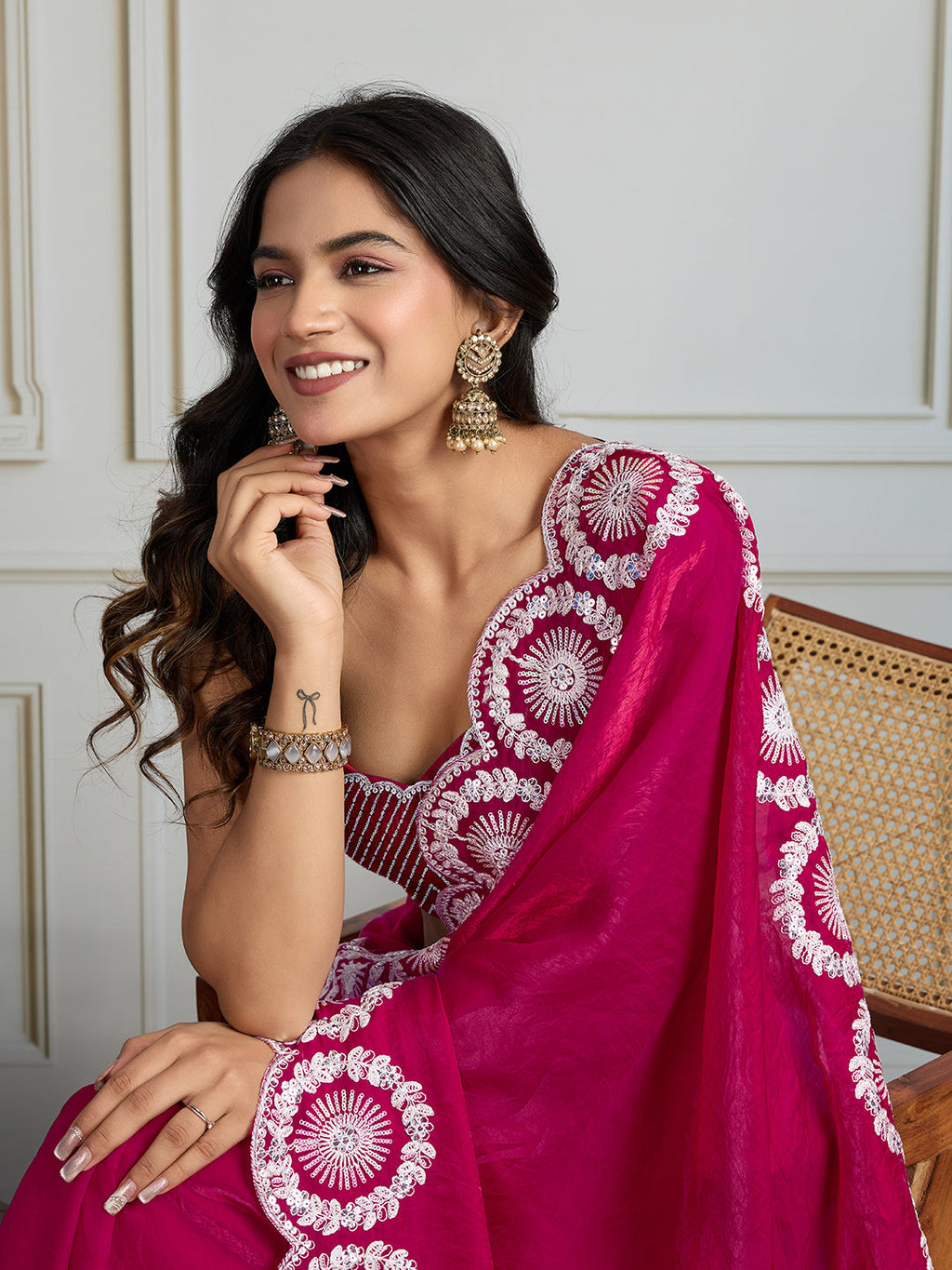 Pink Fandy Satin Embroidered Designer Saree with Blouse