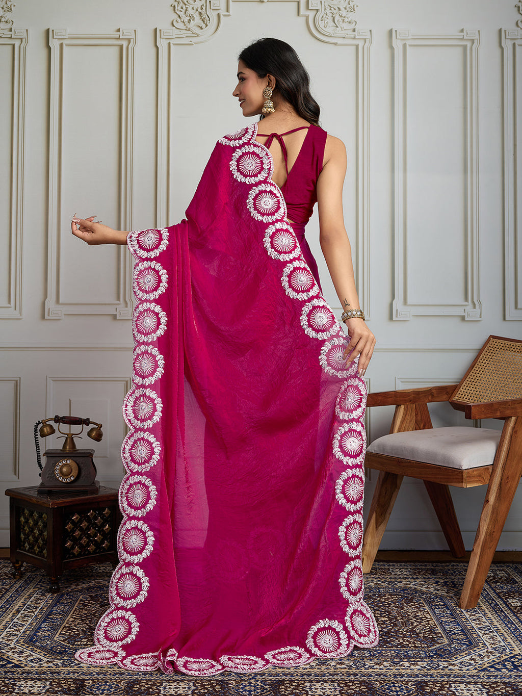 Pink Fandy Satin Embroidered Designer Saree with Blouse