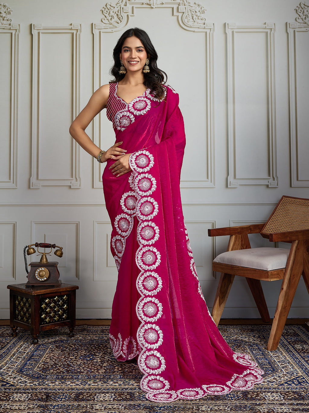 Vibrant pink Fandy Satin designer saree with detailed dori thread and sequin embroidery