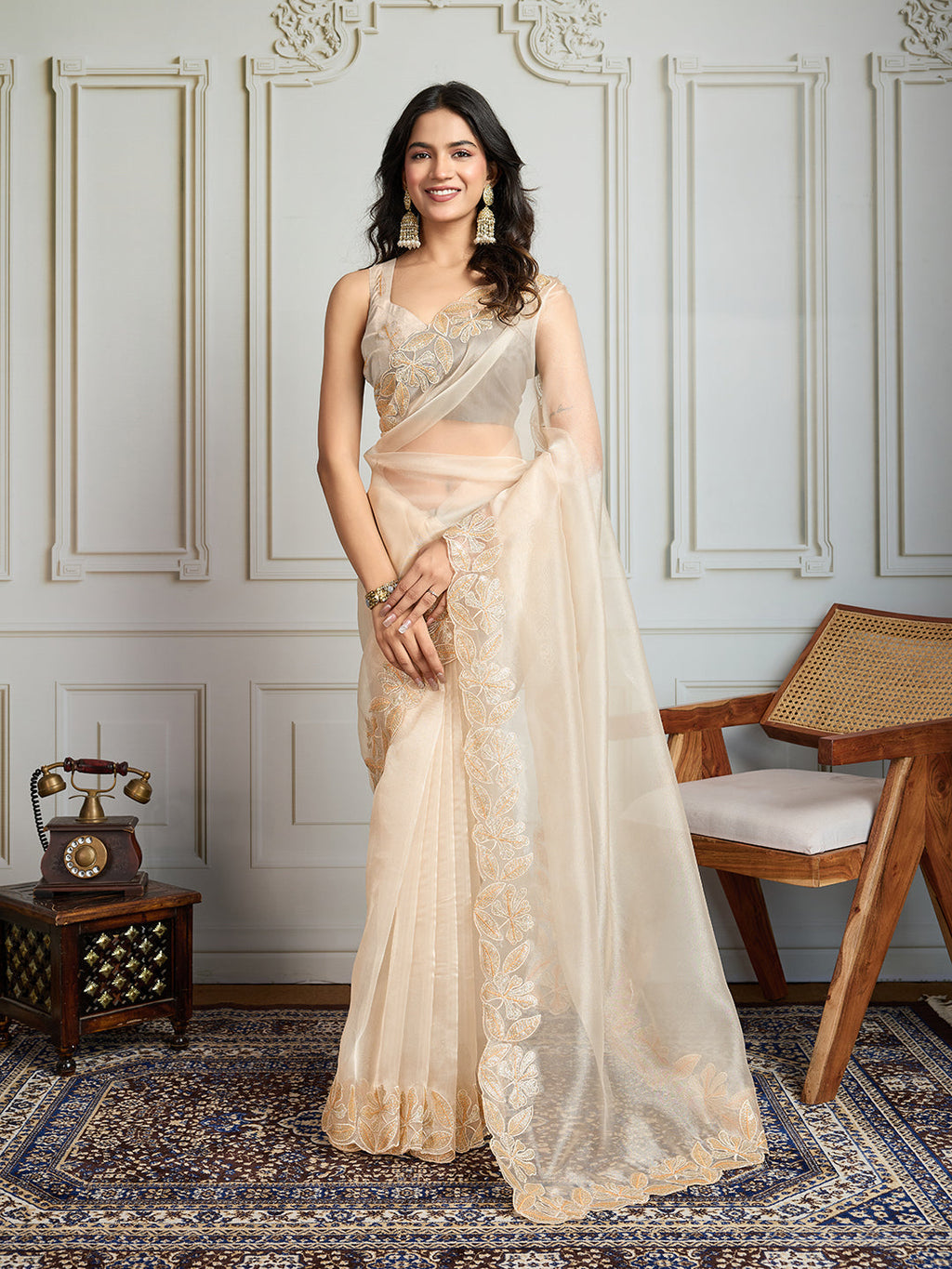 Jyoti Fashion Women's Cream Organza Embroidered Designer Saree with Blouse