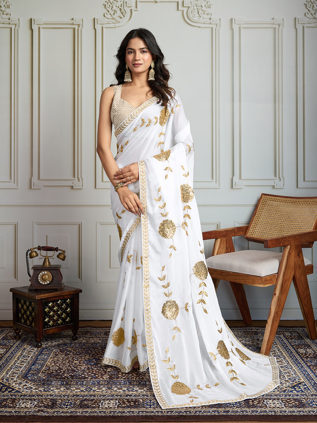 White Georgette designer saree with 3MM sequins and golden zari embroidery
