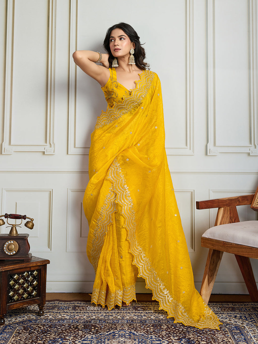 Yellow Gold Crush Silk Designer Saree with Multi Thread Embroidery
