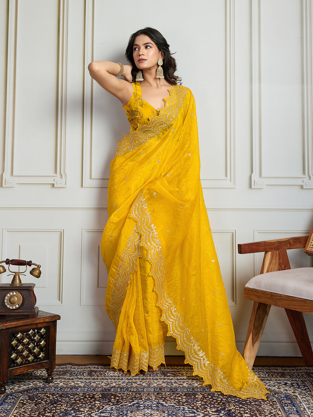 Yellow Gold Crush Silk Designer Saree with Multi Thread Embroidery