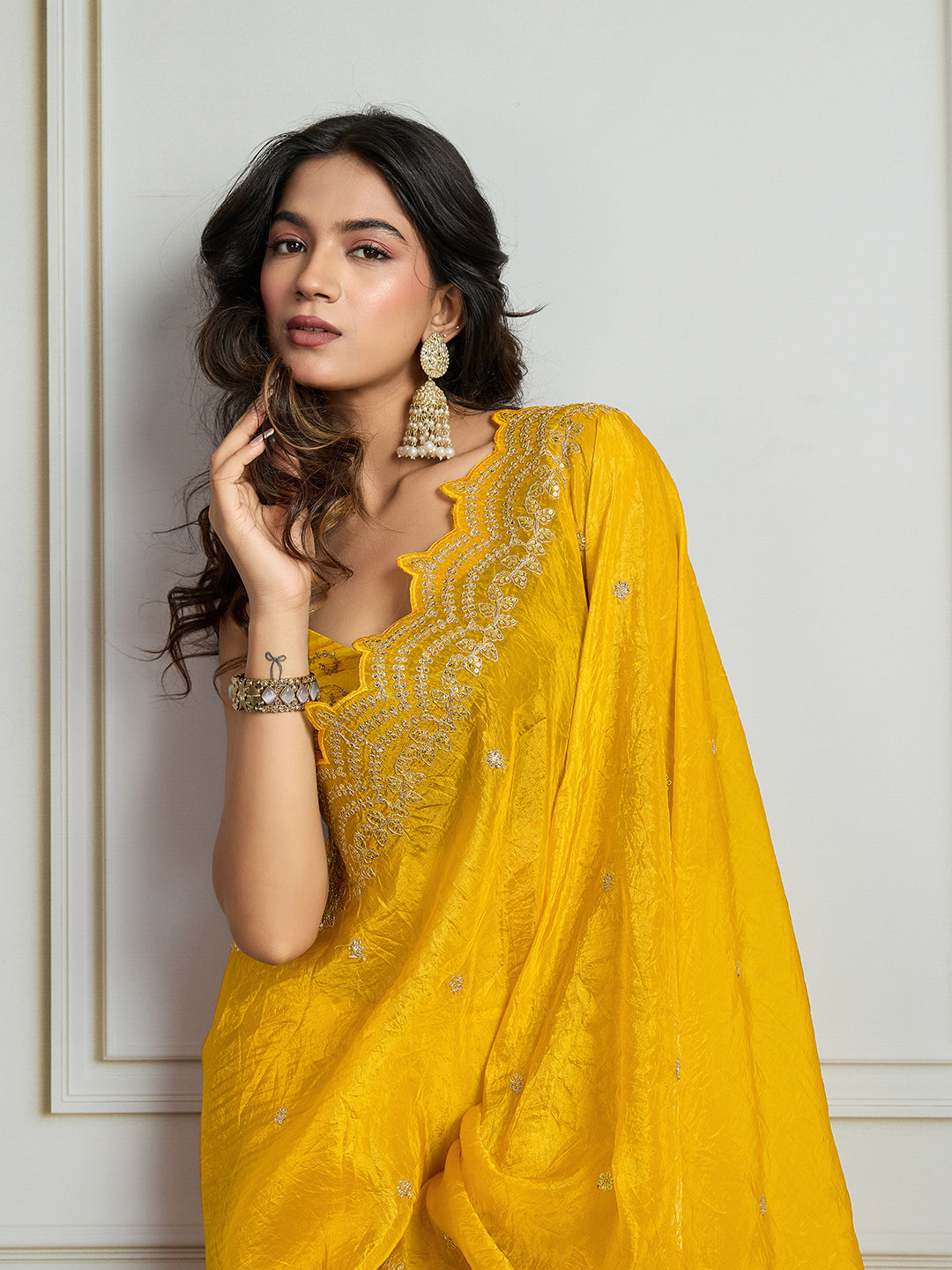 Yellow Gold Crush Silk Designer Saree with Multi Thread Embroidery