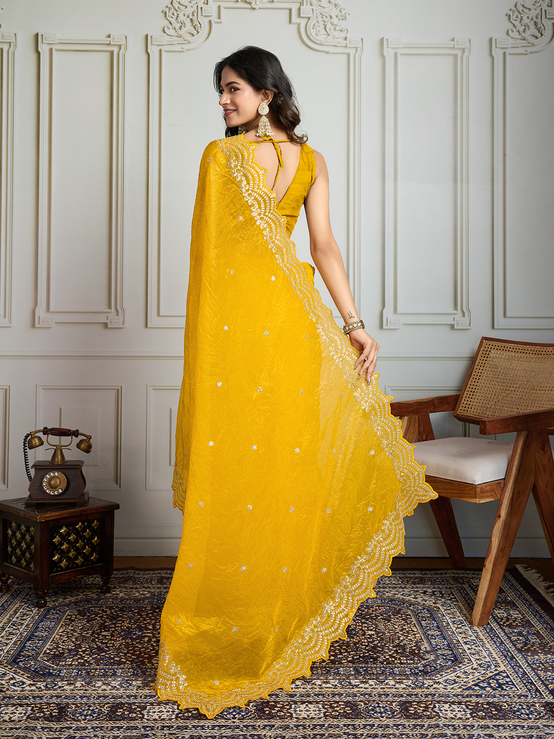 Yellow Gold Crush Silk Designer Saree with Multi Thread Embroidery