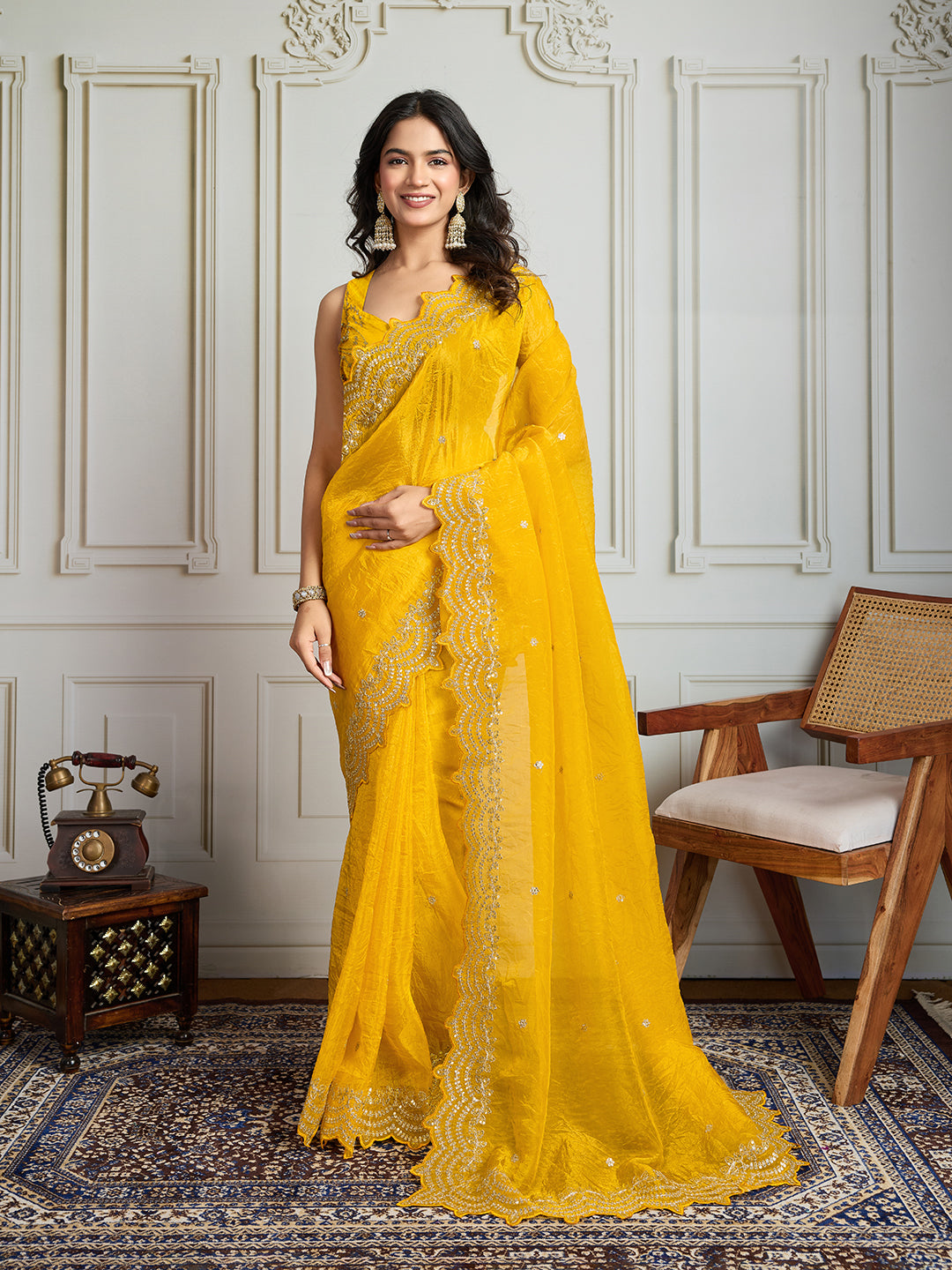 Yellow Gold Crush Silk saree with multi-thread embroidery and matching blouse piece