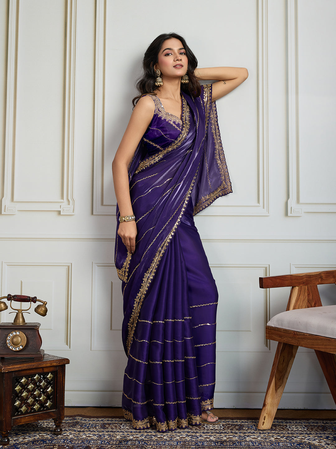 Purple Jimmy Choo Sequins Designer Saree with Unstitched Blouse