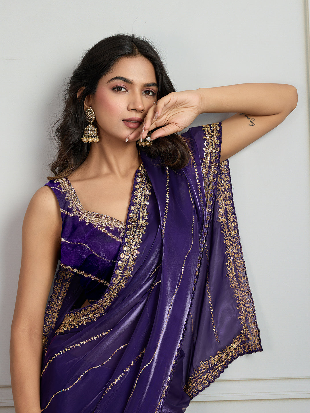 Purple Jimmy Choo Sequins Designer Saree with Unstitched Blouse