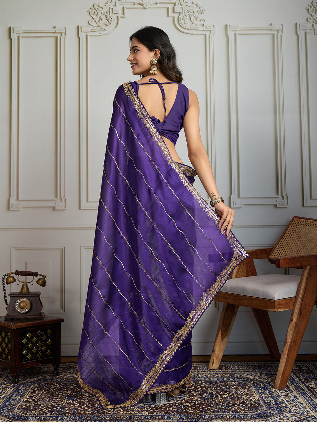 Purple Jimmy Choo Sequins Designer Saree with Unstitched Blouse