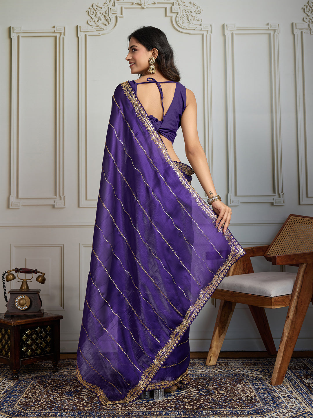 Purple Jimmy Choo Sequins Designer Saree with Unstitched Blouse