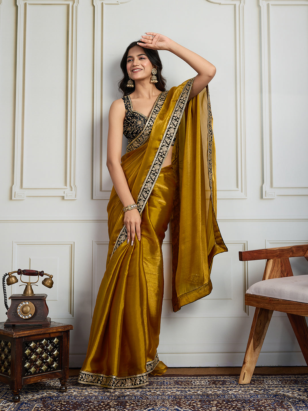 Mustard Satin Silk Embroidered Designer Saree with Velvet Blouse