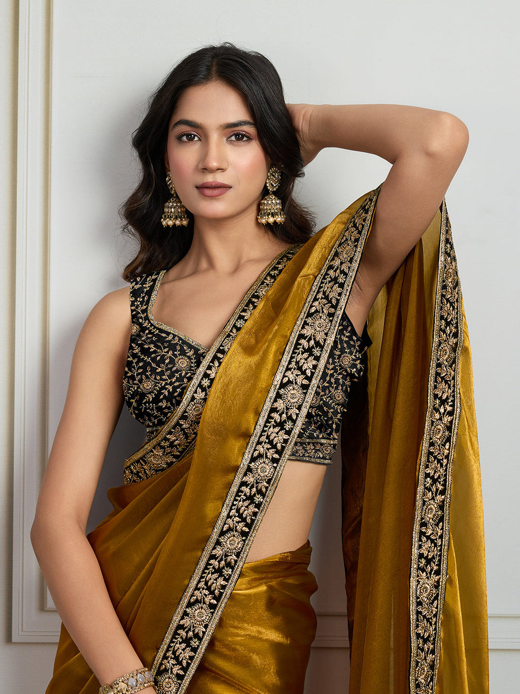 Mustard Satin Silk Embroidered Designer Saree with Velvet Blouse