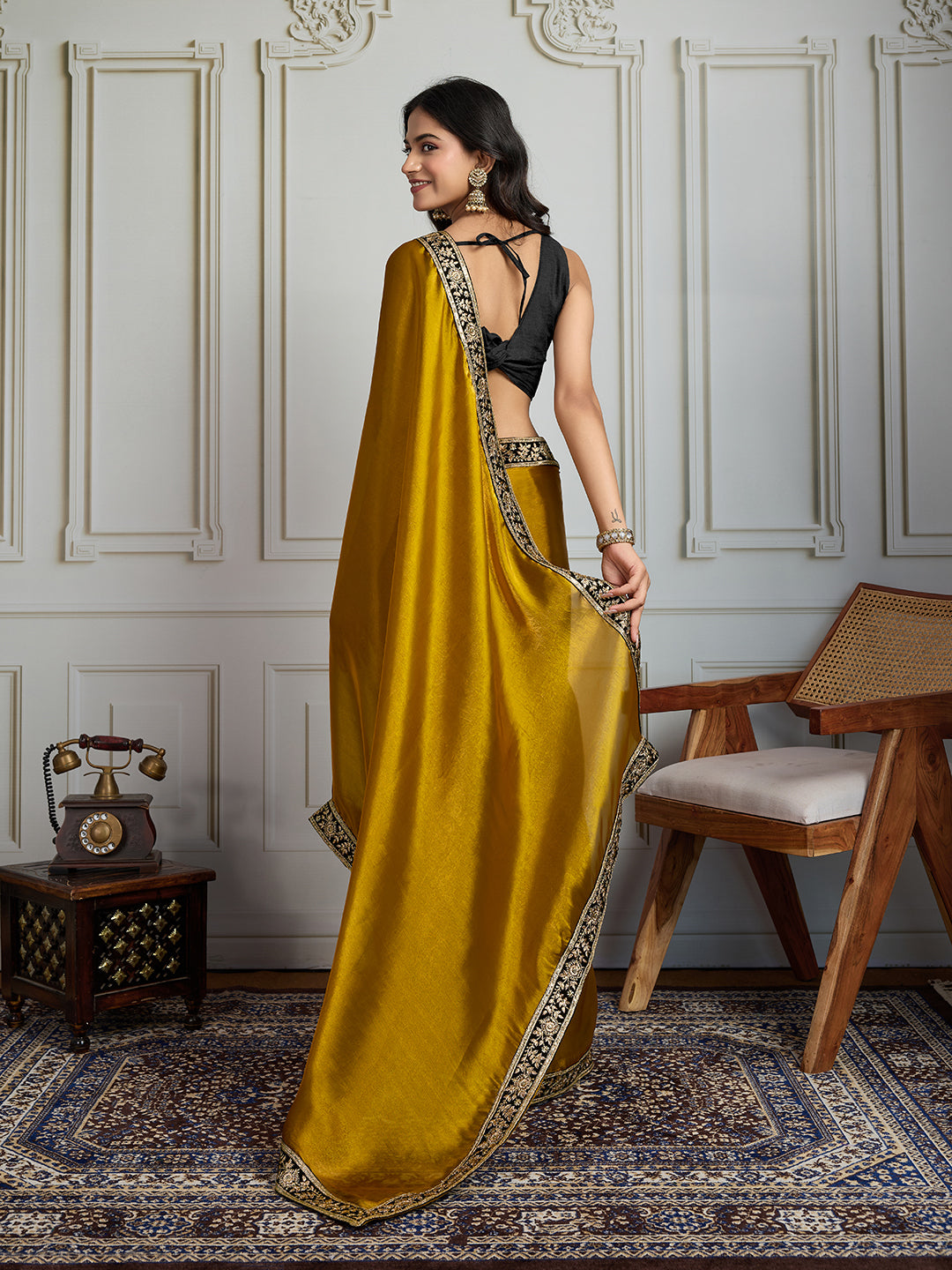 Mustard Satin Silk Embroidered Designer Saree with Velvet Blouse