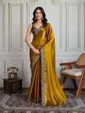 Mustard Satin Silk designer saree with intricate embroidery and a contrasting velvet blouse