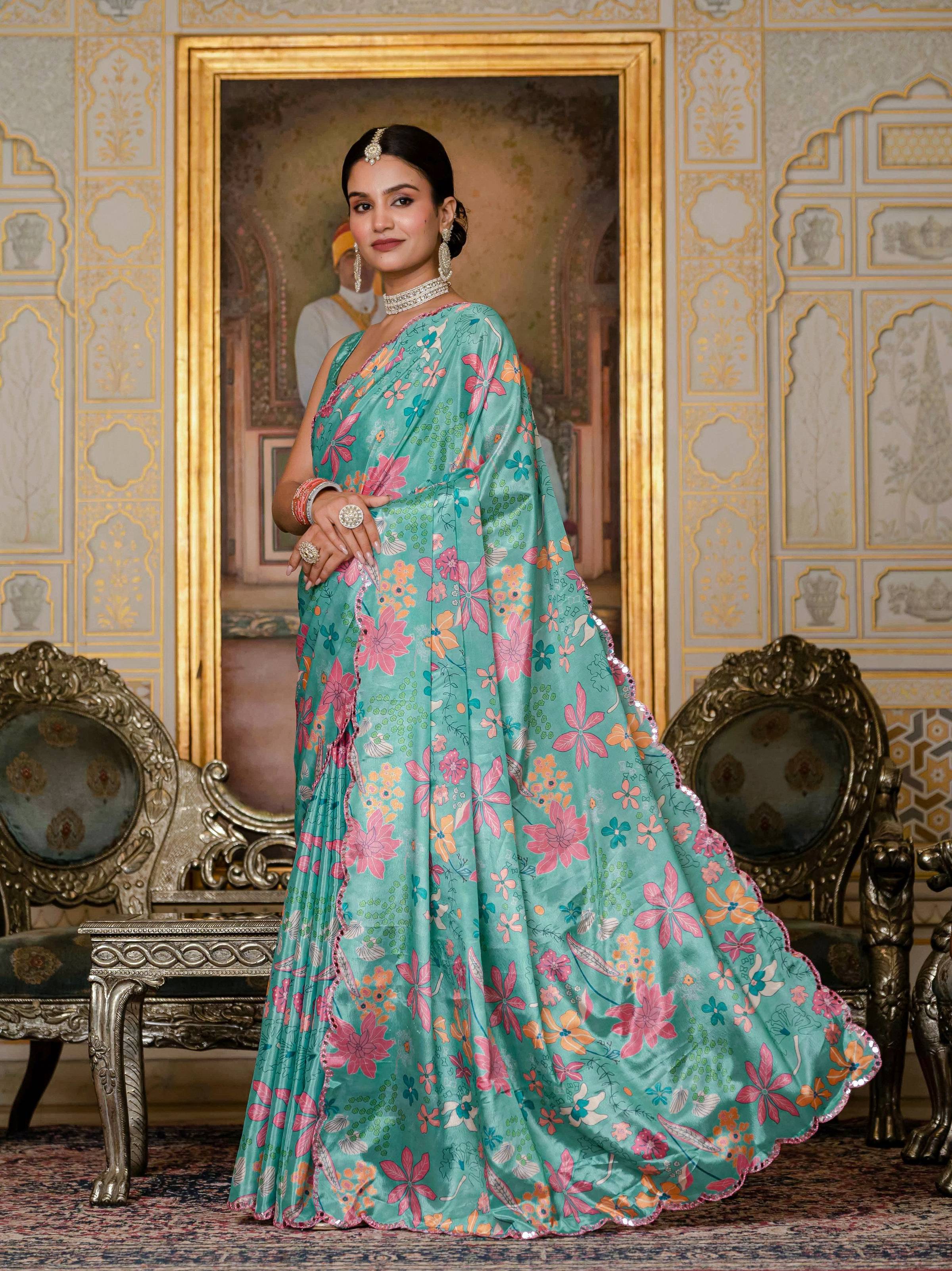 Sea Green Chinon digital print saree with mirror work detailing