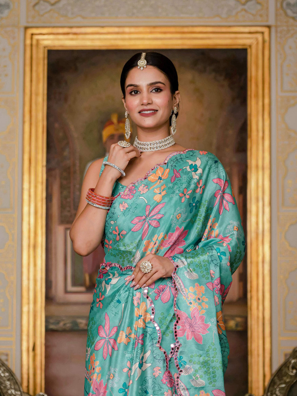 Sea Green Chinon Digital Print Saree with Mirror Work