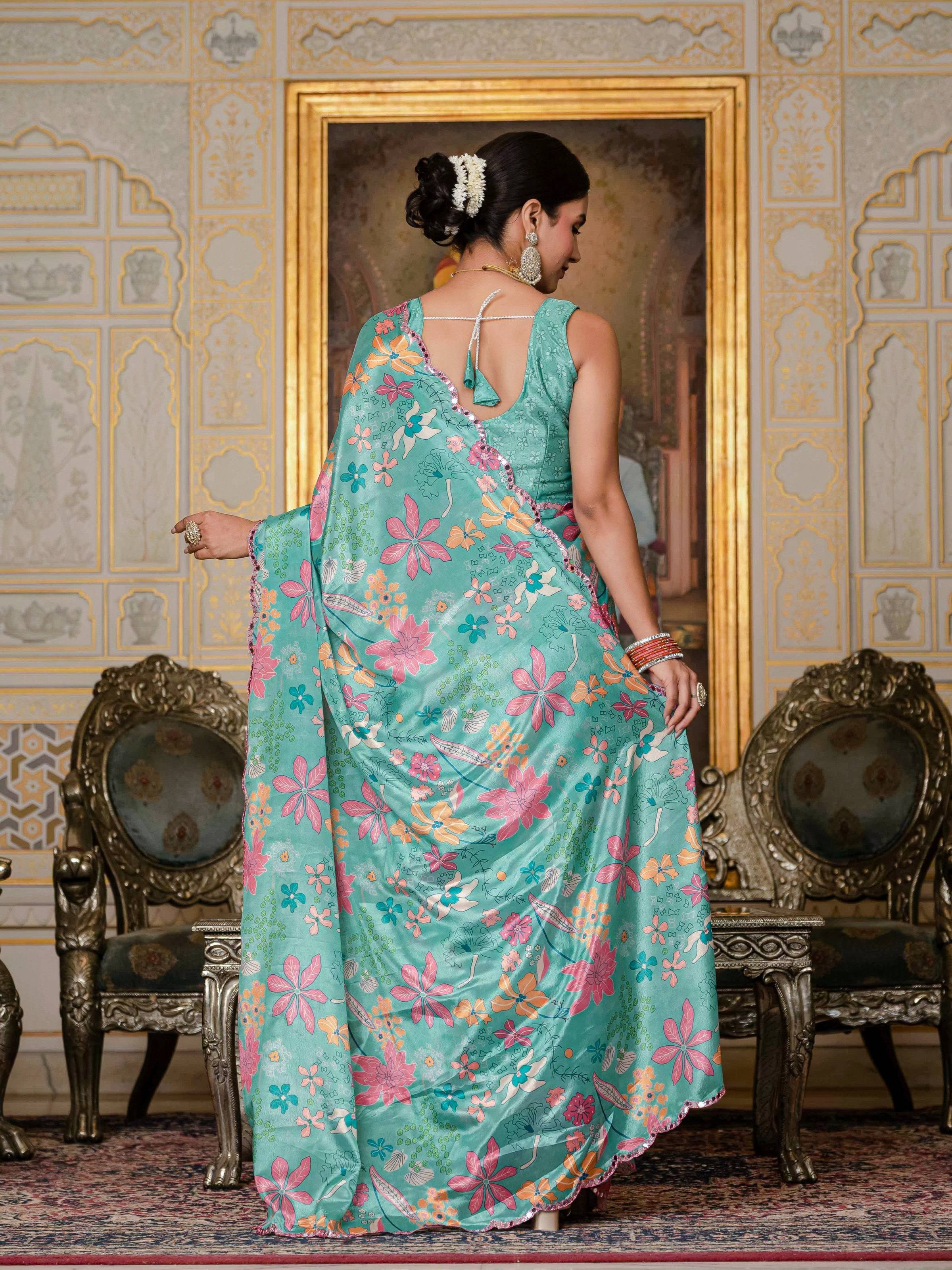 Sea Green Chinon Digital Print Saree with Mirror Work