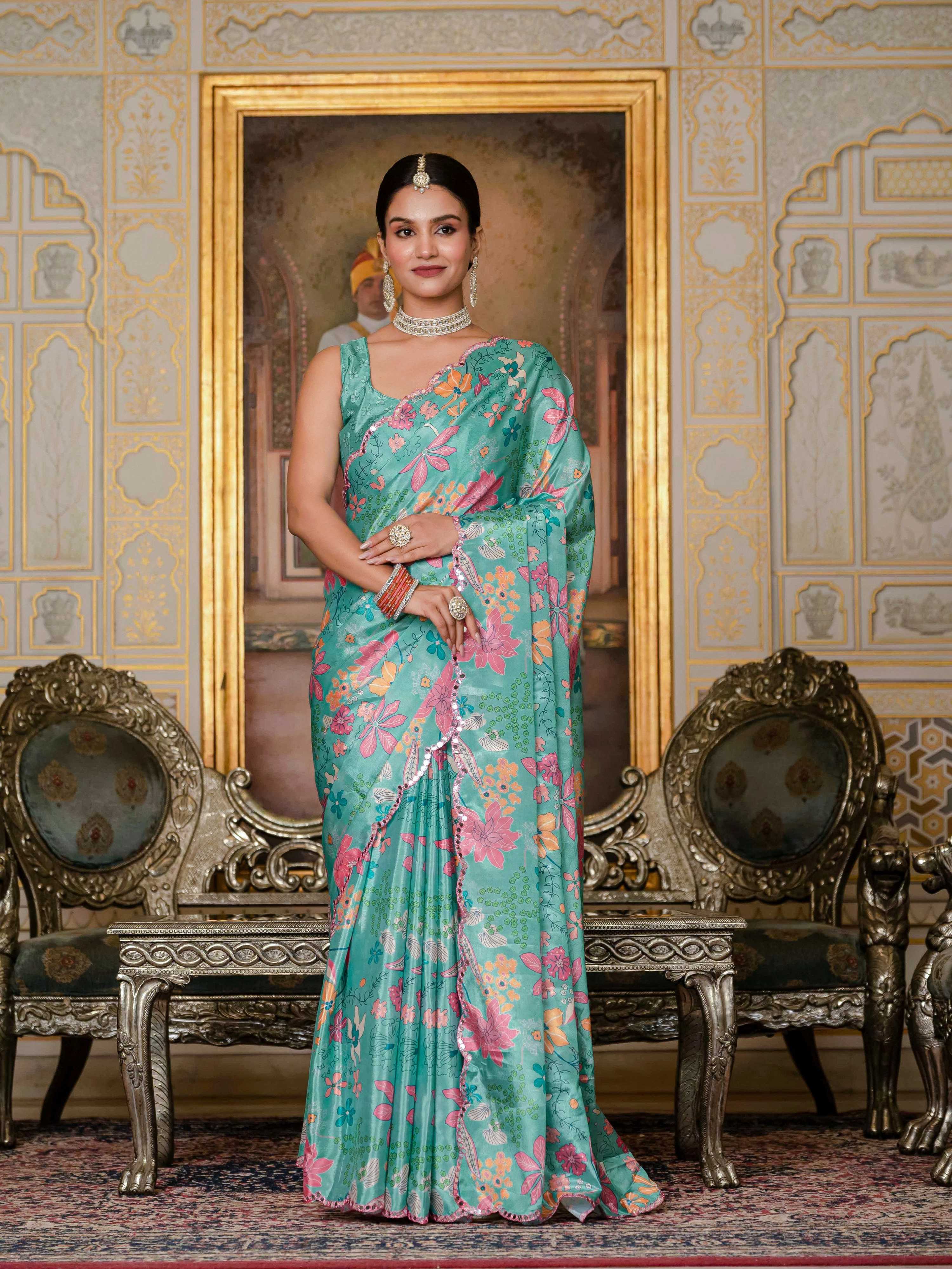 Sea Green Chinon Digital Print Saree with Mirror Work