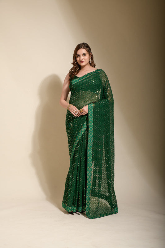 Green georgette saree with detailed sequence embroidery and matching blouse