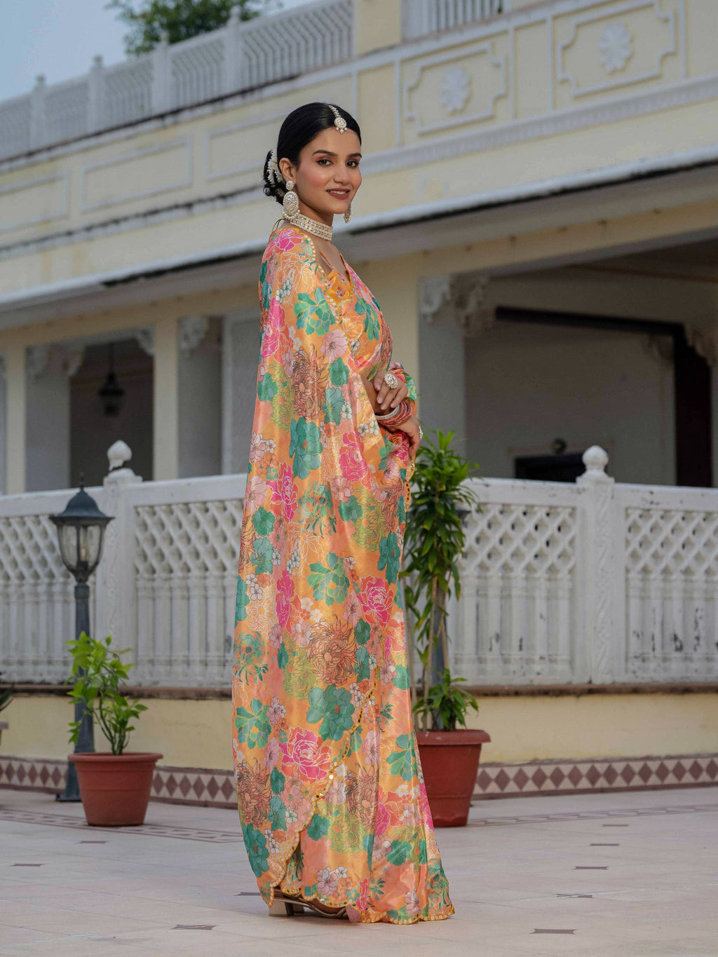 Multicolor Chinon Digital Print Saree with Mirror Work